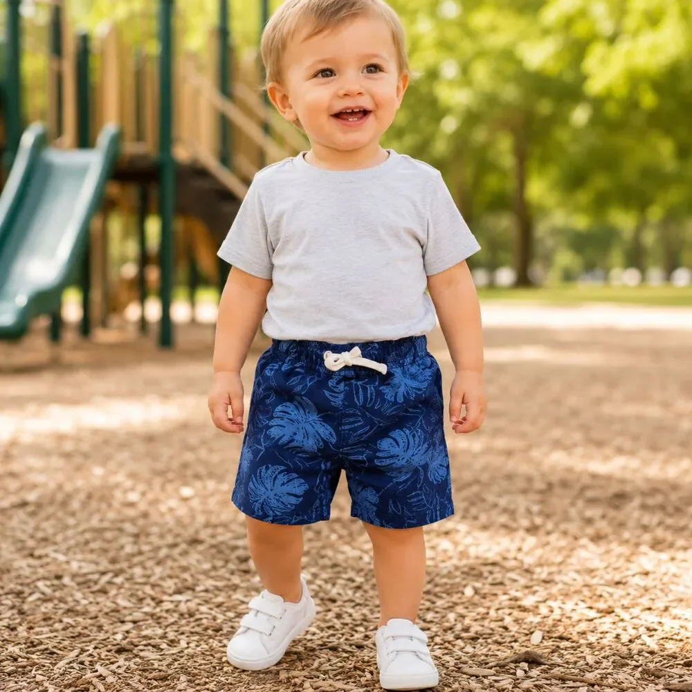 Toddler Boys Shorts 18M Navy Leaf Print Cotton Playwear Cute Tropical Style